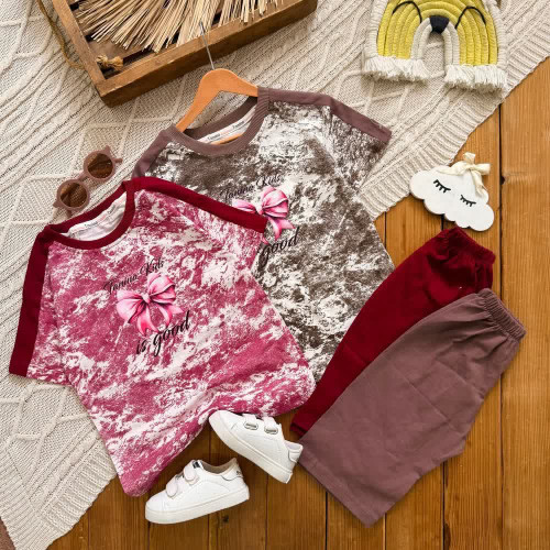تیشرت شلوارک ابرنگی پاپیونی دخترانه سایز 40 قهوه ای